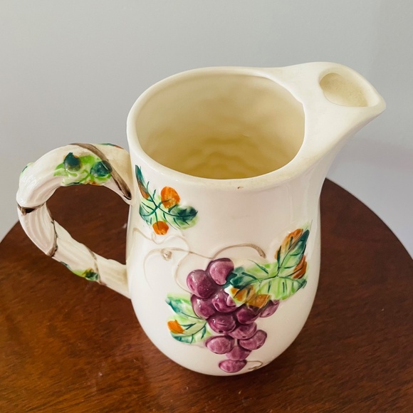 Vintage ceramic pitcher with raised purple grapes and green leaves, Pitcher - Picture 5 of 6